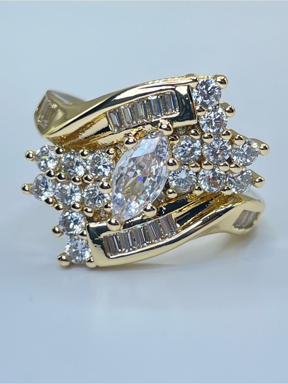 Gold Diamond White CZ Marquis Cut Cluster Ring Art Deco Vintage Glam Statement